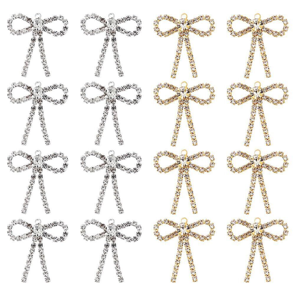 1998 20Pcs 2 Colors Rhinestone Bow Pendants Metal Bowknot Charms with Loop